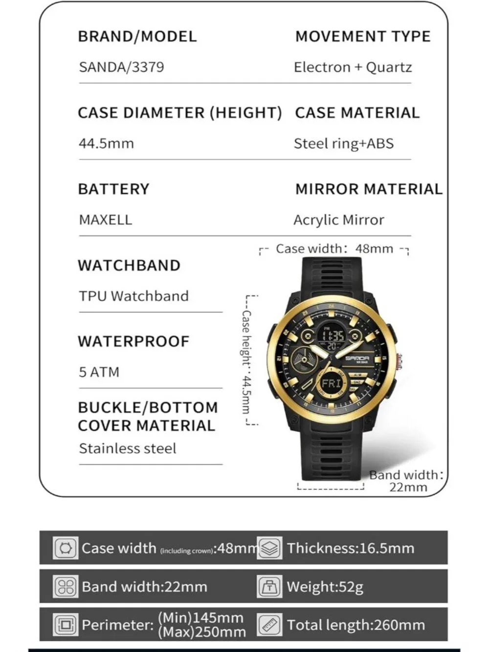 Men's Black Gold Analog Quartz Stainless Steel Military Electronic Digital Watch